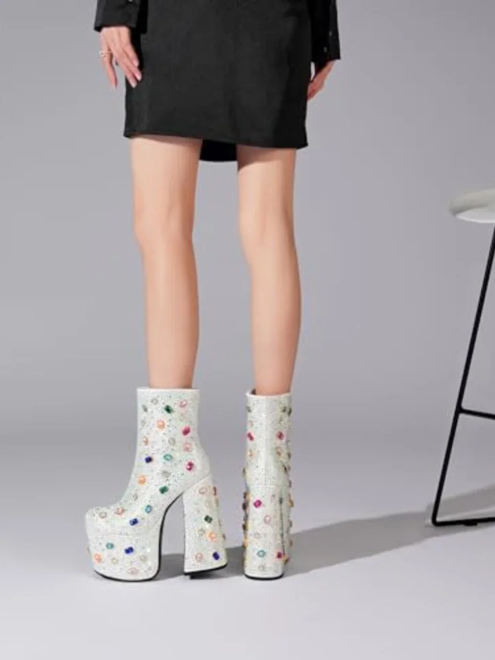 Rhinestone Platform Ankle Boots with Chunky Heel, Round Toe for Party &
